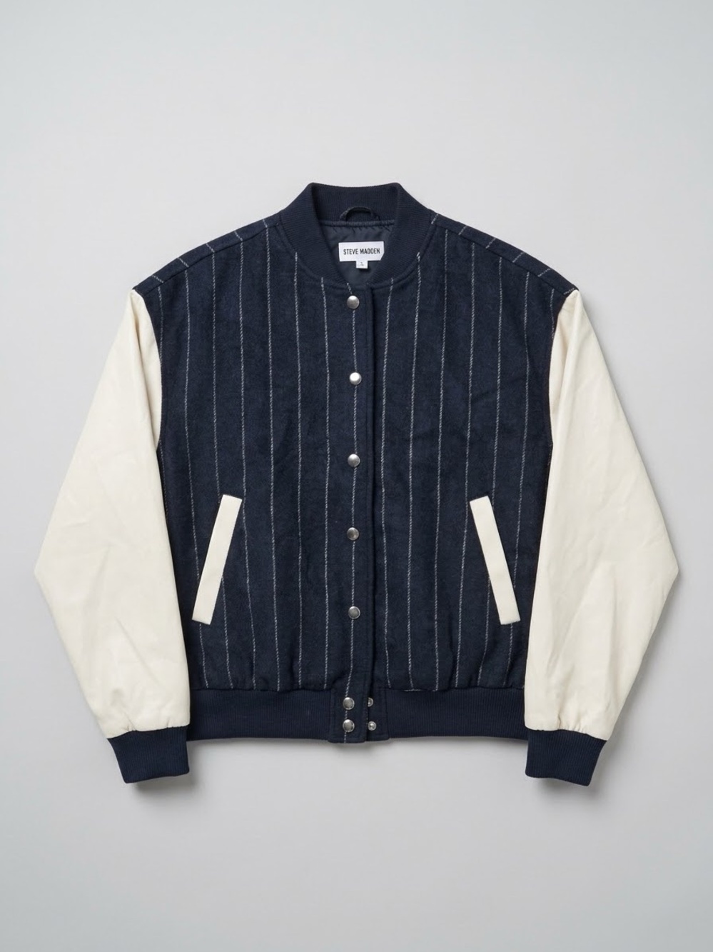 Steve Madden Pinstripe Varsity/Bomber Jacket (Style # DO32502H)